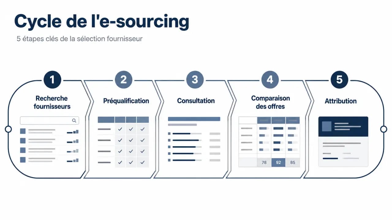 Schéma e-sourcing du cycle fournisseurs de la recherche à l’attribution