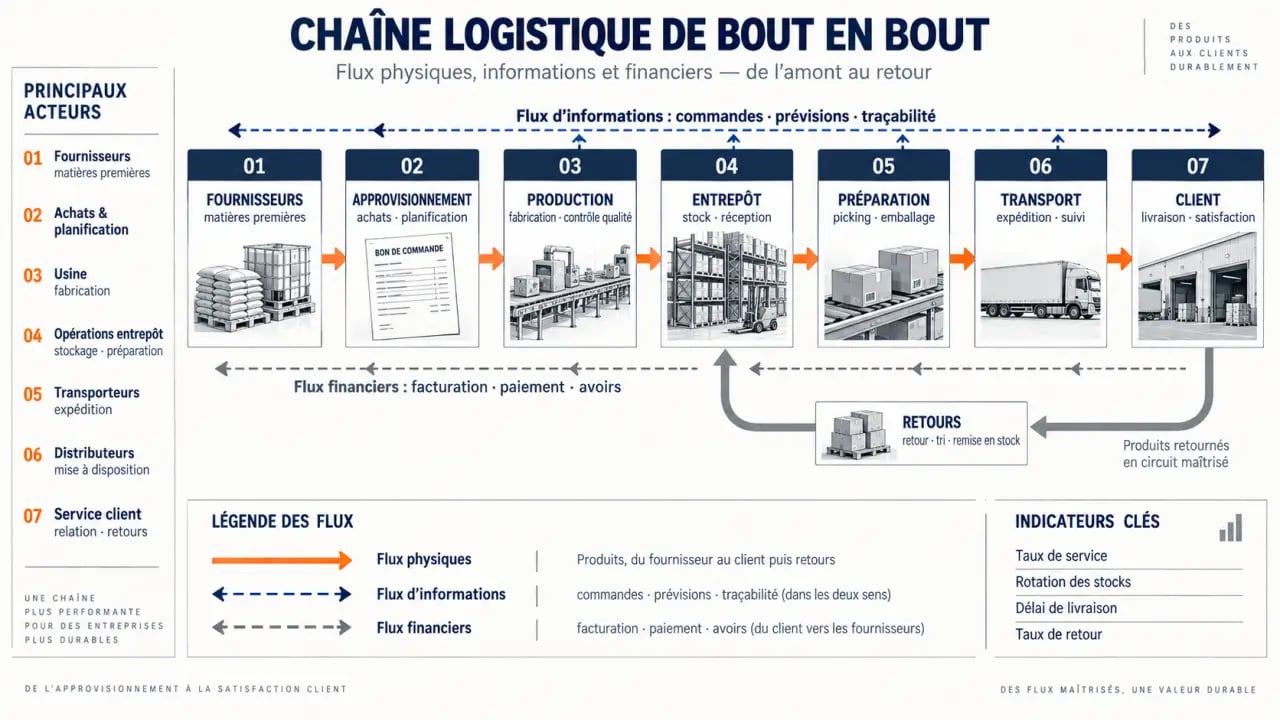 Infographie de la chaîne logistique présentant les étapes, les acteurs et les flux de l’approvisionnement à la livraison