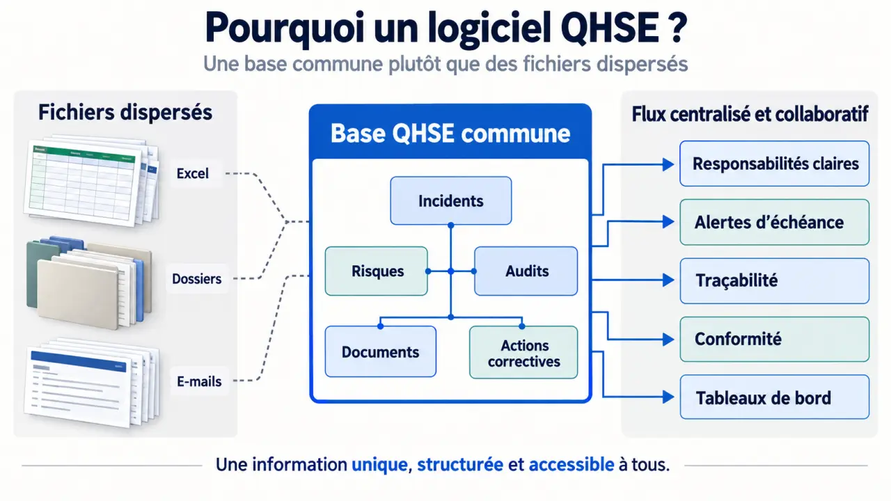 Infographie expliquant pourquoi utiliser un logiciel QHSE pour centraliser les risques, incidents, documents et actions