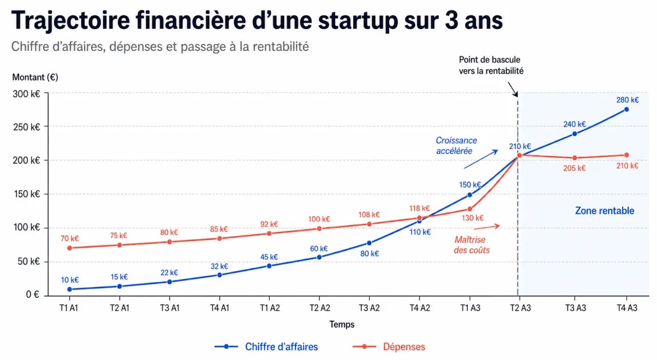 Trajectoire financière et prévisionnel sur 3 ans pour business plan startup