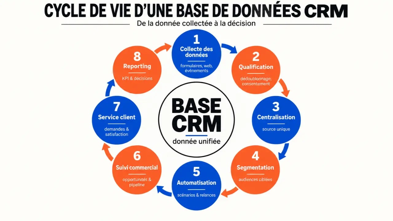 Schéma du cycle de vie d’une base de données CRM, de la collecte au reporting