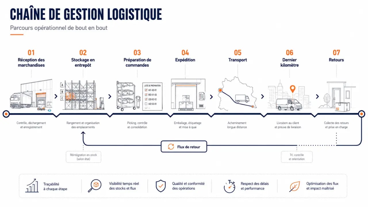 Gestion logistique : schéma du parcours du stock au dernier kilomètre