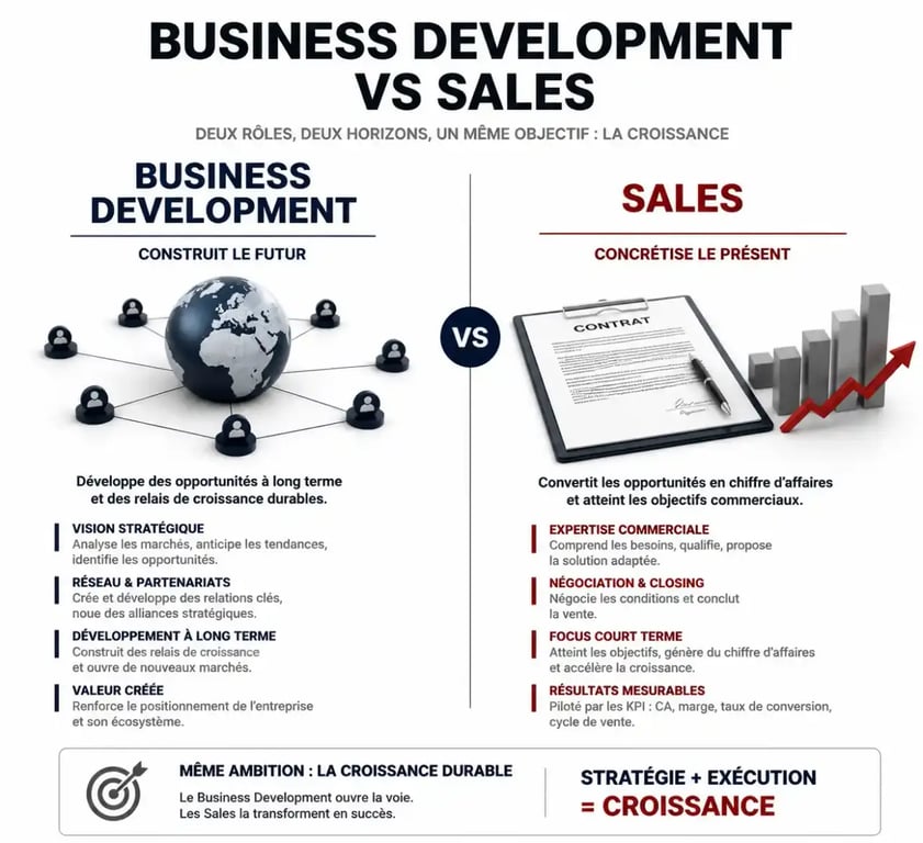 Infographie comparative entre le business development et les ventes pour comprendre les missions du business developer