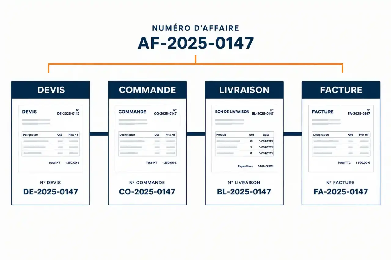 Schéma de l'automatisation documentaire à Toulouse : devis, commande, livraison et facture reliés par un identifiant de dossier commun