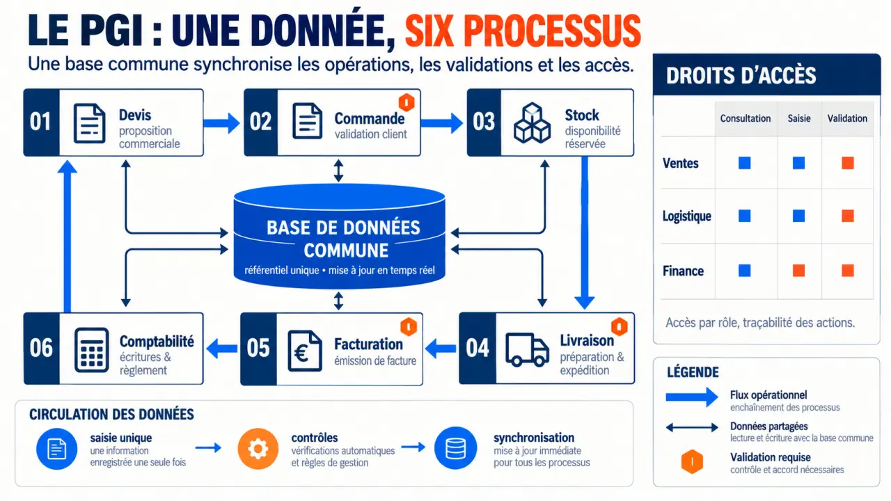 PGI définition : schéma du flux intégré entre devis, commande, stock, livraison, facturation et comptabilité