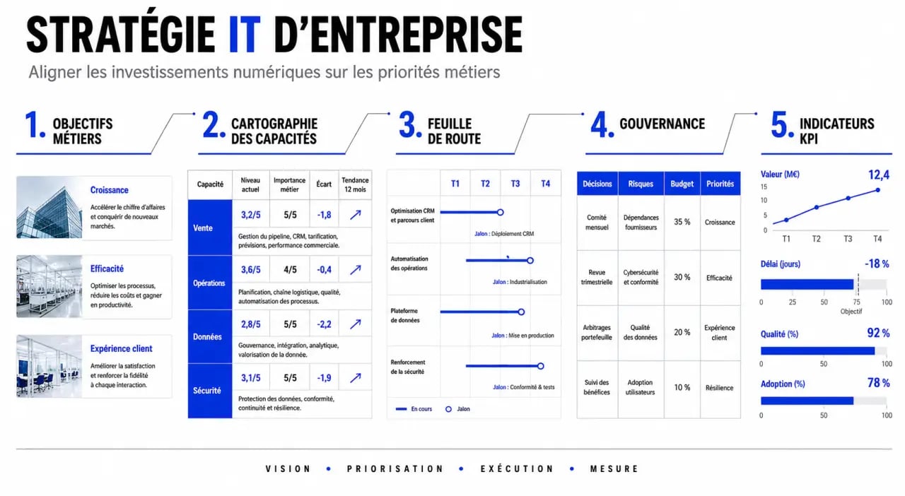 Infographie sur la stratégie IT reliant objectifs métiers, cartographie des capacités, feuille de route, gouvernance et KPI
