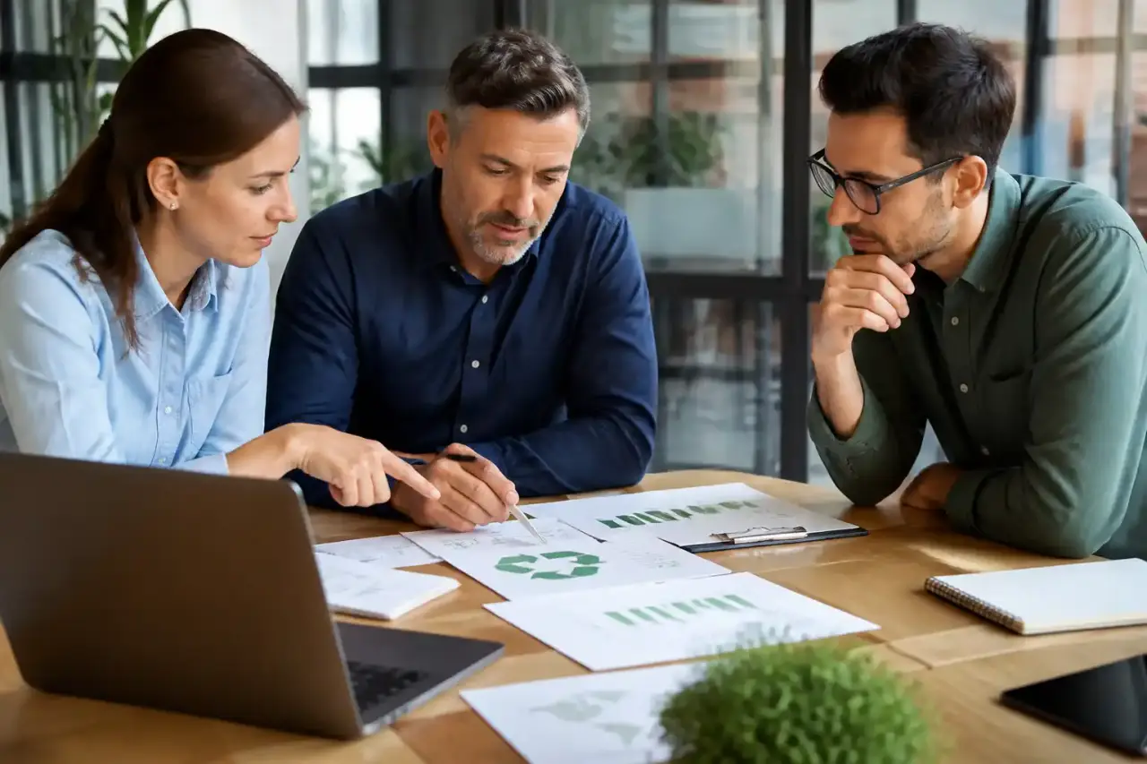 Équipe de direction analysant un audit carbone PME dans un bureau moderne végétalisé