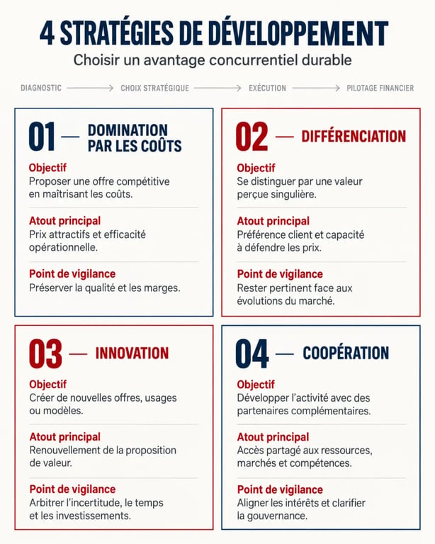 Infographie sur les stratégies de développement d'entreprise : coûts, différenciation, innovation et coopération