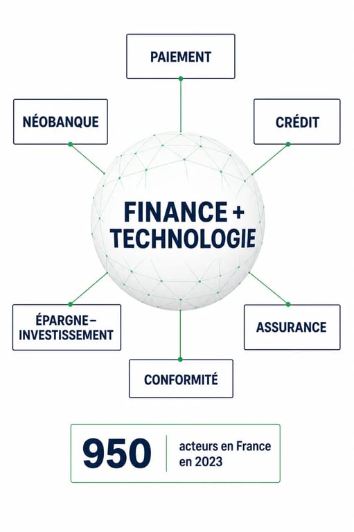 Fintech fintech : schéma éditorial des six catégories et technologies clés
