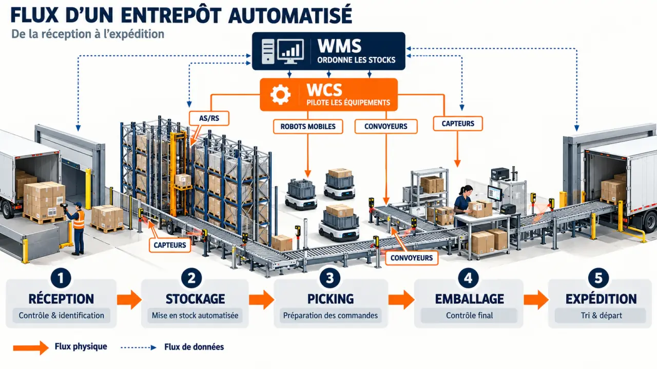 Schéma du flux d’automatisation d’un entrepôt entre WMS, WCS, robots, convoyeurs et opérateurs