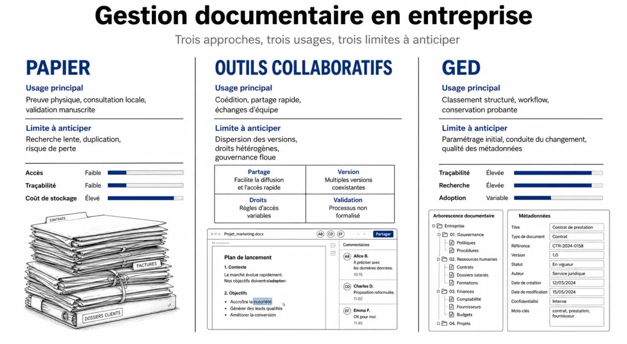 Gestion documentaire entreprise : comparaison entre gestion papier, outils collaboratifs et GED
