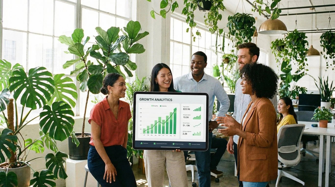 Équipe professionnelle EkoScale collaborant sur des stratégies de croissance durable dans un bureau moderne et lumineux