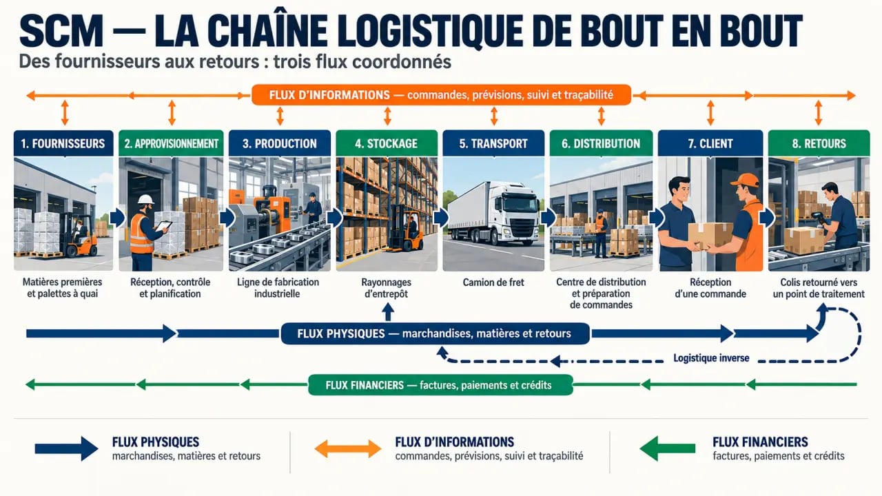 Schéma du SCM supply chain management et des trois flux de la chaîne d’approvisionnement