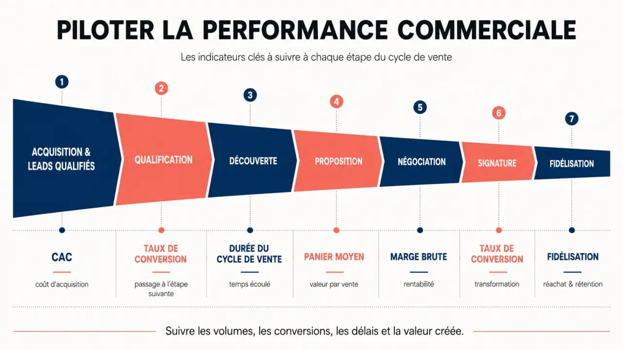Infographie des performances commerciales et des KPI du funnel de vente