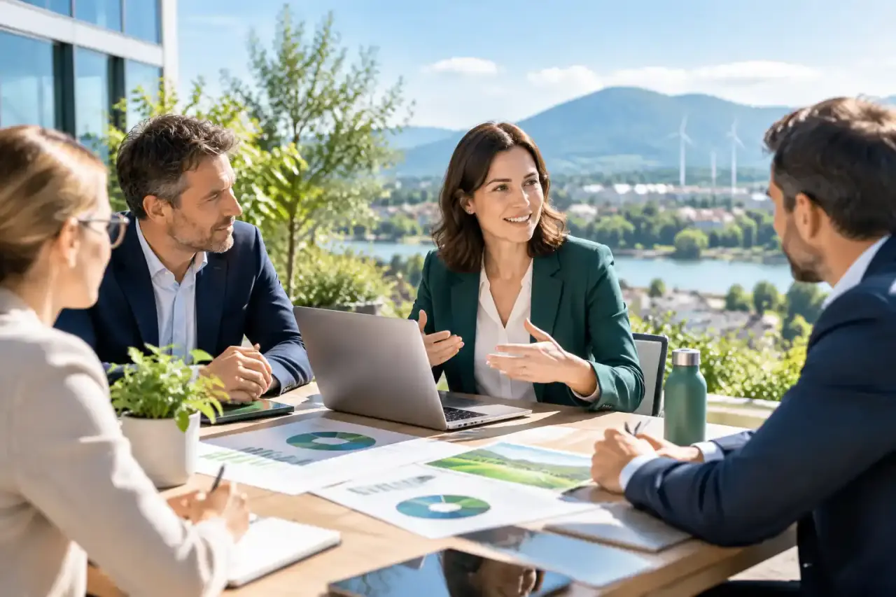 Équipe de direction collaborant sur une stratégie d'impact et de transition écologique