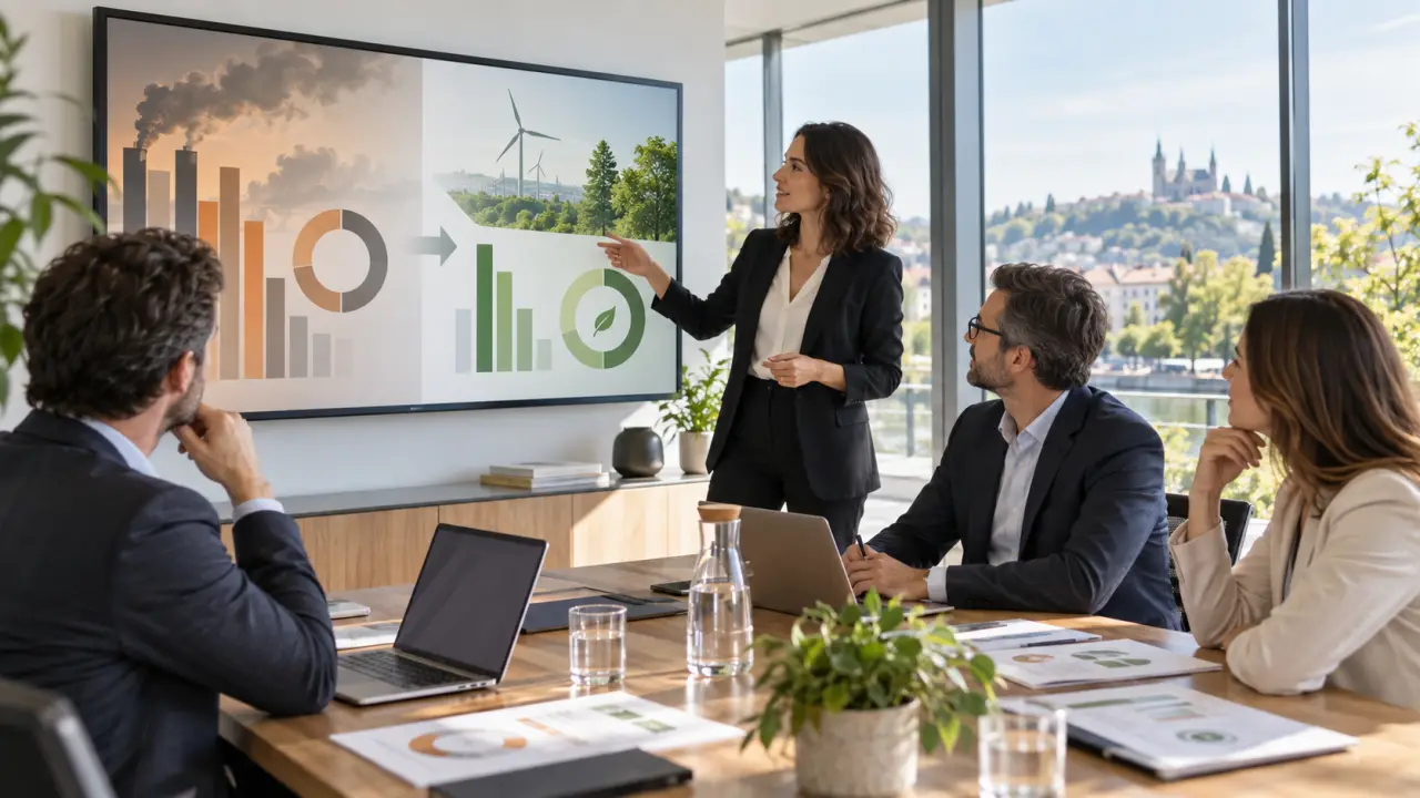 Équipe dirigeante analysant les résultats d'un audit carbone en entreprise