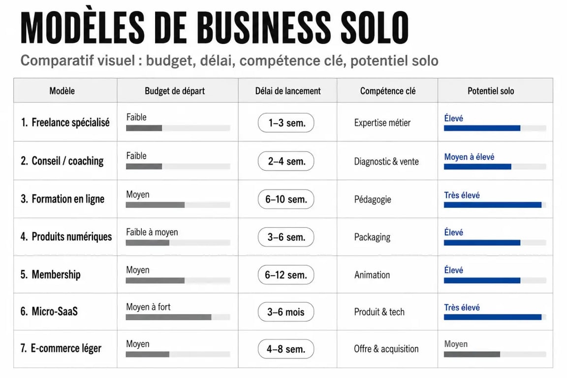 Comparatif business solo des principaux modèles selon budget, délai et potentiel
