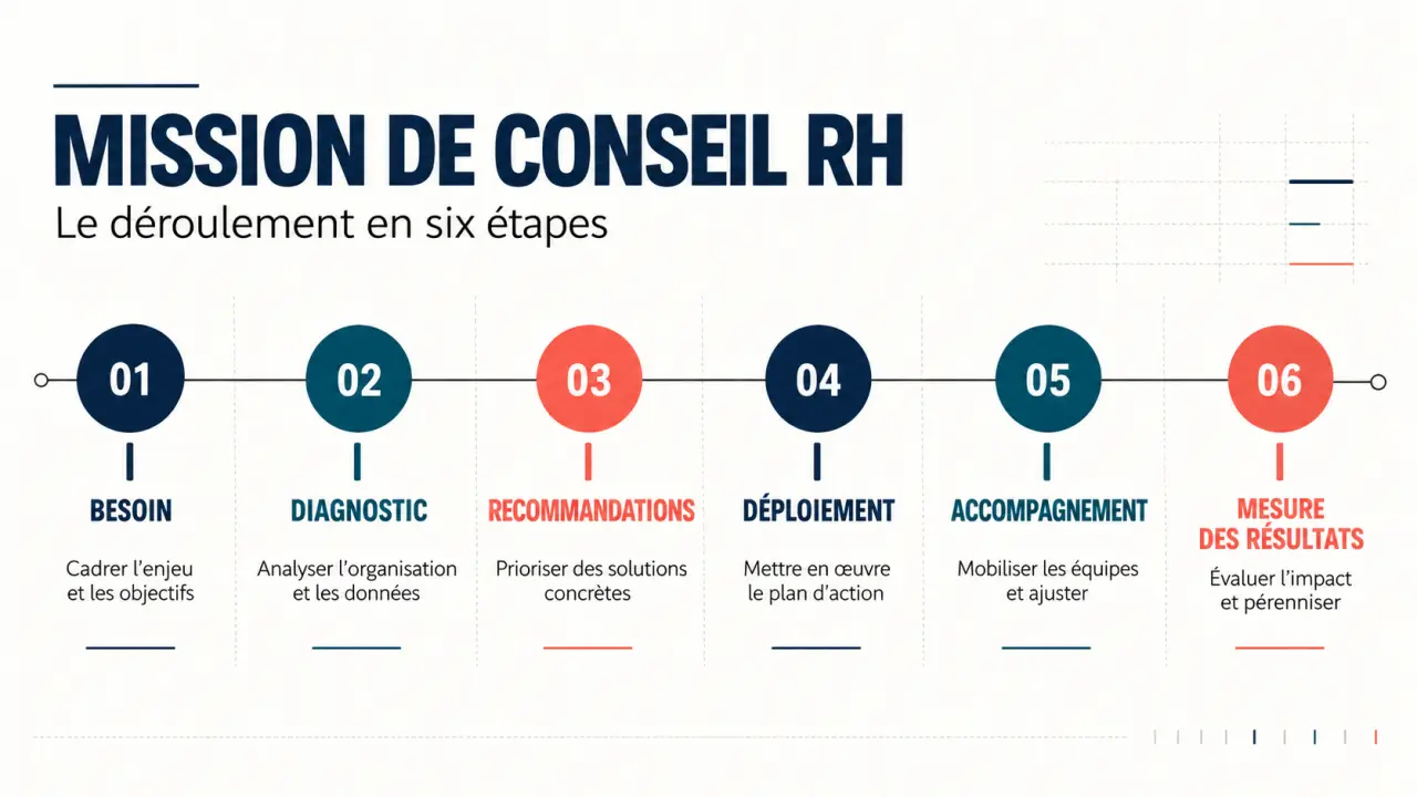 Consultant ressources humaines accompagnant une mission de diagnostic et de transformation en six étapes