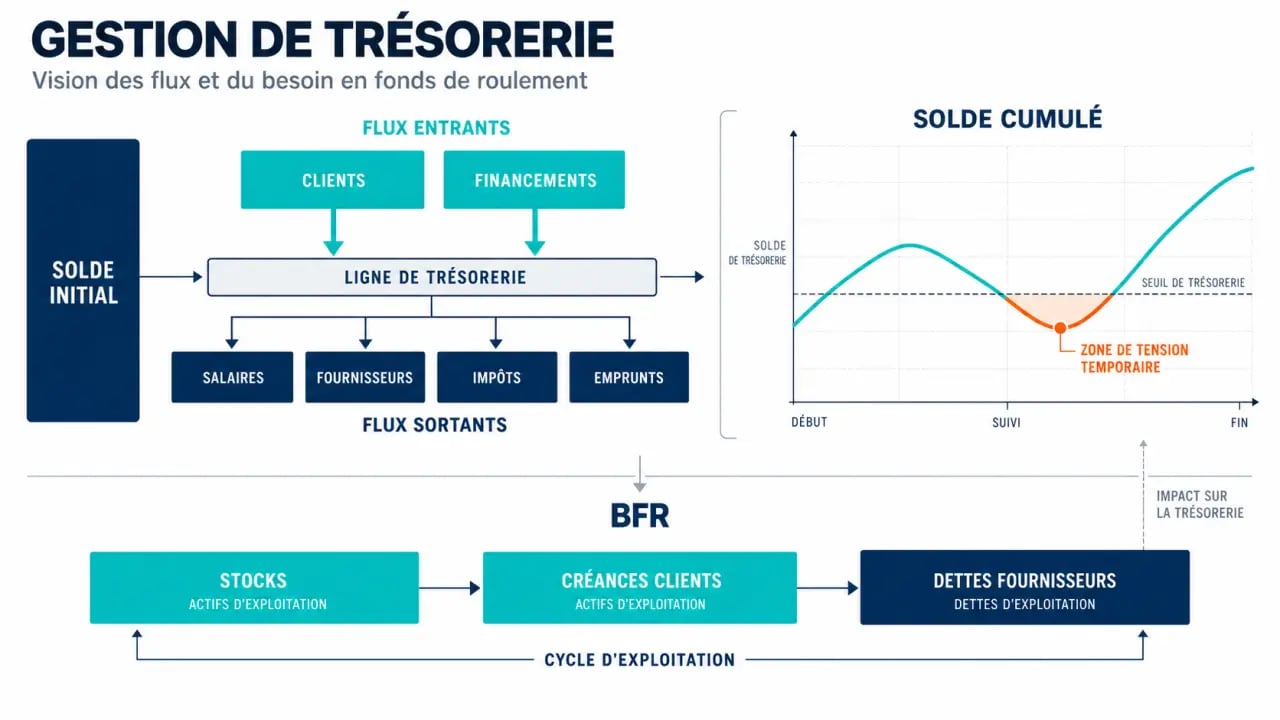 Schéma de gestion de trésorerie montrant les flux financiers, le BFR et les points de tension
