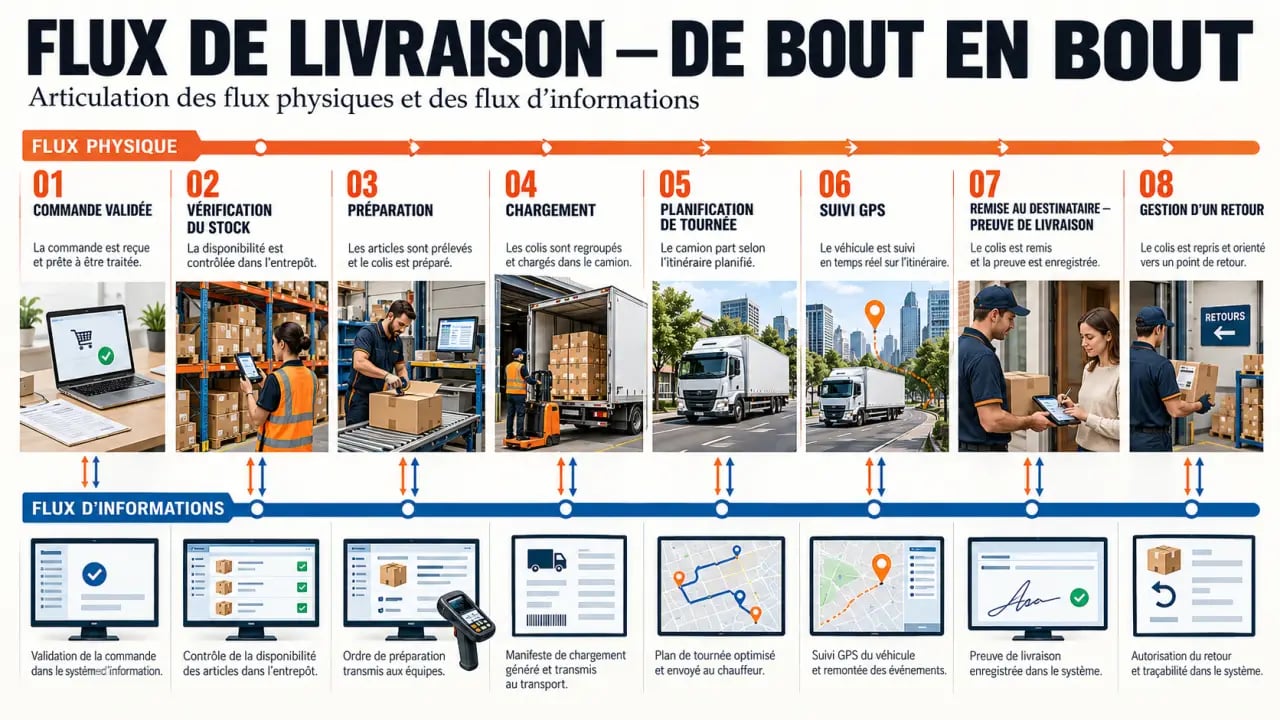 Gestion des livraisons : flux de la commande au retour avec suivi et preuve de livraison