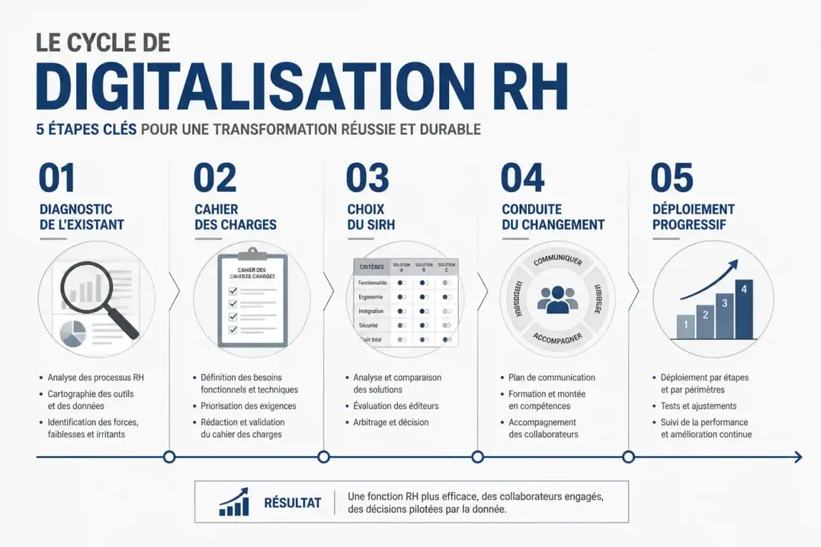 Digitalisation RH : cycle en cinq étapes du diagnostic au déploiement