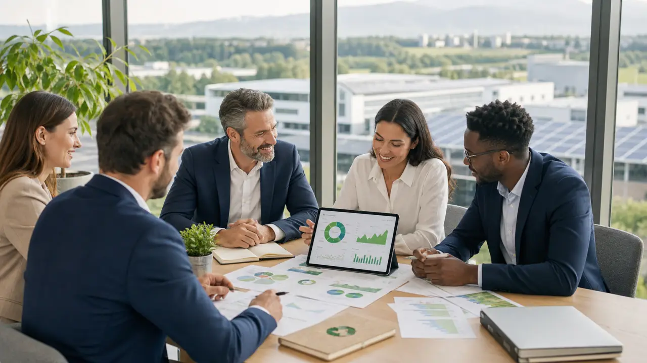 Équipe de direction en réunion autour d'un tableau de bord carbone dans un bureau moderne et lumineux
