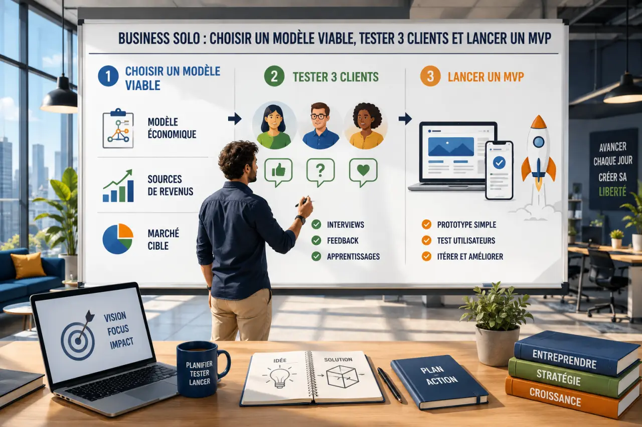 Business solo : choisir un modèle viable, tester 3 clients et lancer un MVP