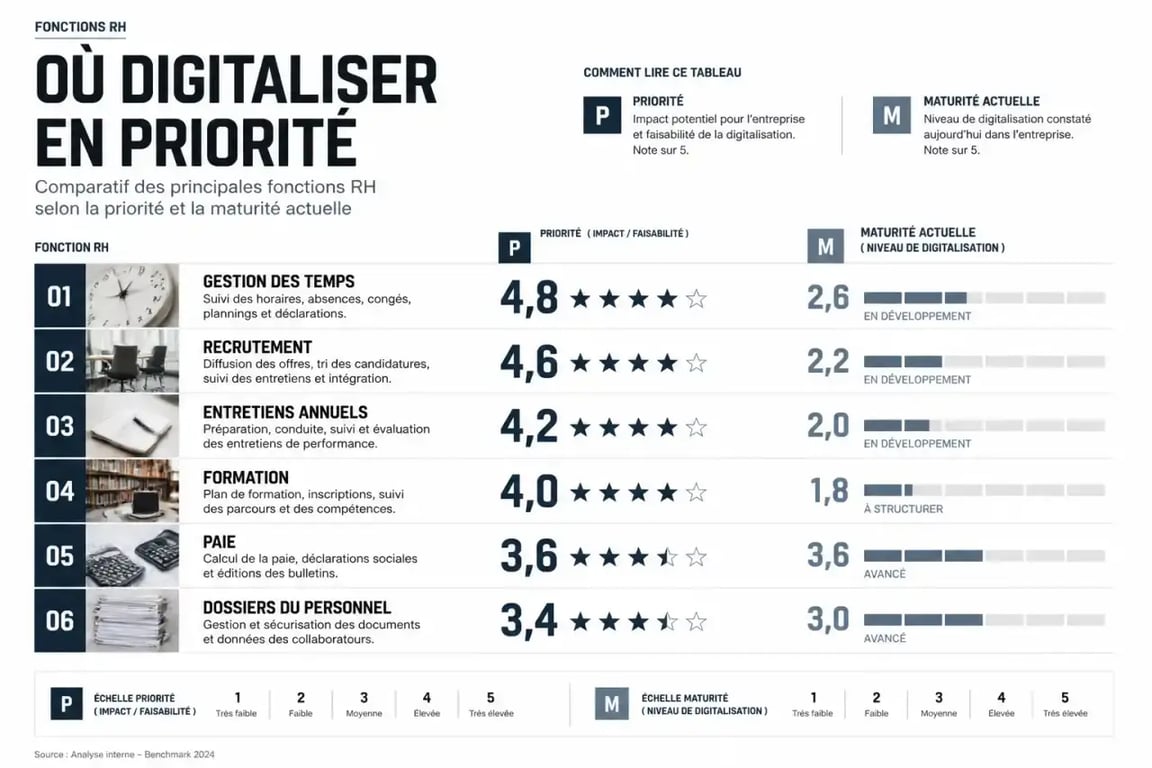 Digitalisation RH : fonctions RH digitalisables par priorité et niveau de maturité