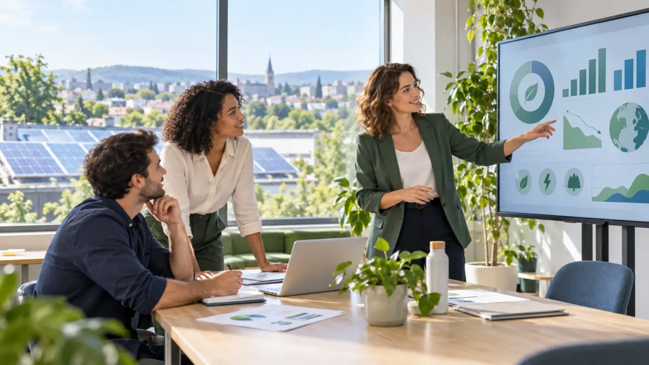 Équipe de direction analysant les résultats d'un audit carbone en entreprise